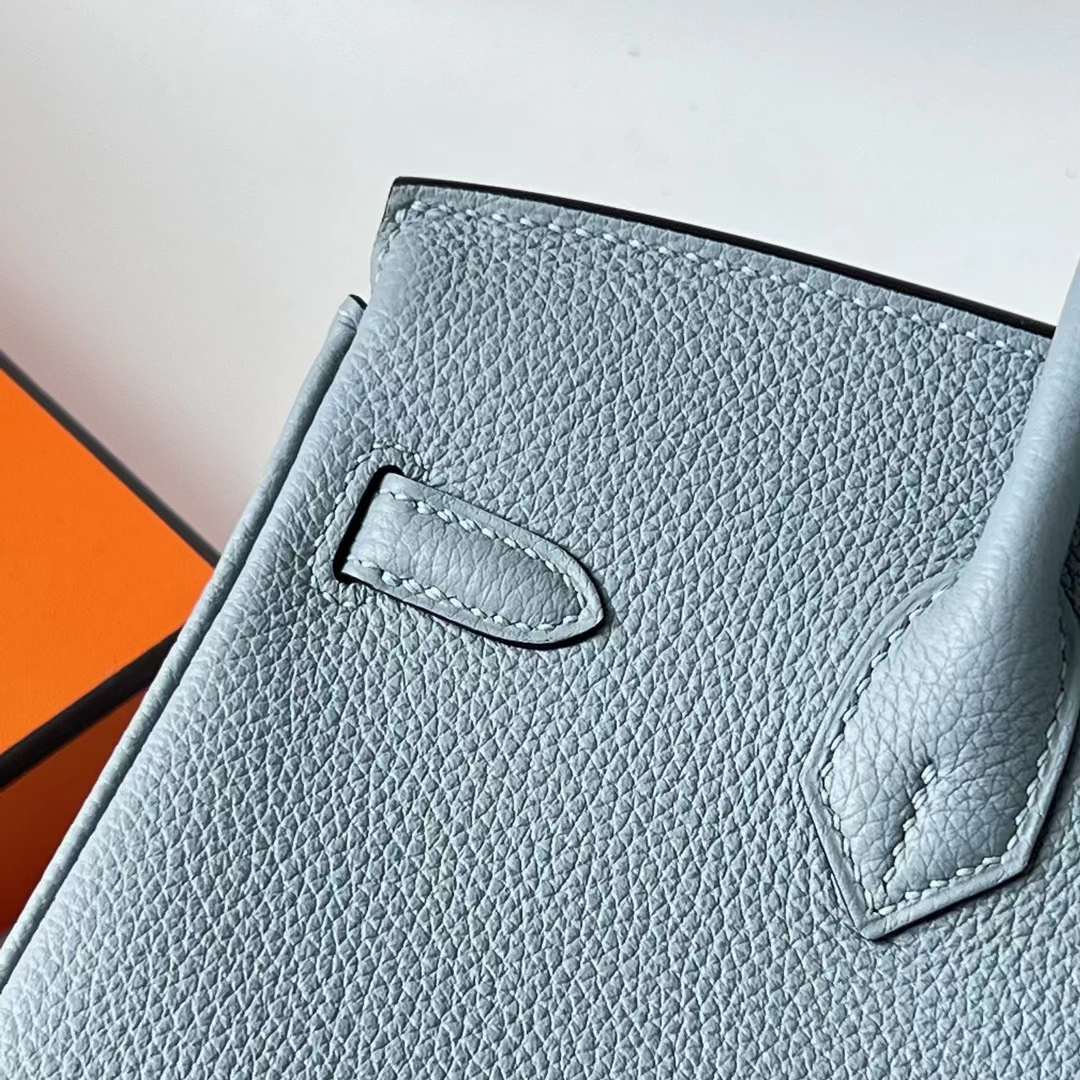Hermès（爱马仕）Birkin 铂金包 Togo J7 亚麻蓝 内拼 D0 威马犬米色 银扣 25cm 全手工蜡线缝 Phw