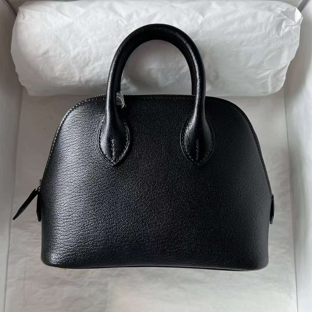 Hermès（爱马仕）Mini Bolide 迷你保龄球包 Chevre 进口山羊皮 Ck89 黑色 银扣 19cm 全手工蜡线缝 Phw