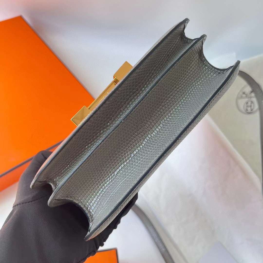 Hermès（爱马仕）Constance 空姐包 Lizard 进口蜥蜴皮 Ck81 斑鸠灰 金扣 19cm 全手工蜡线缝 Ghw