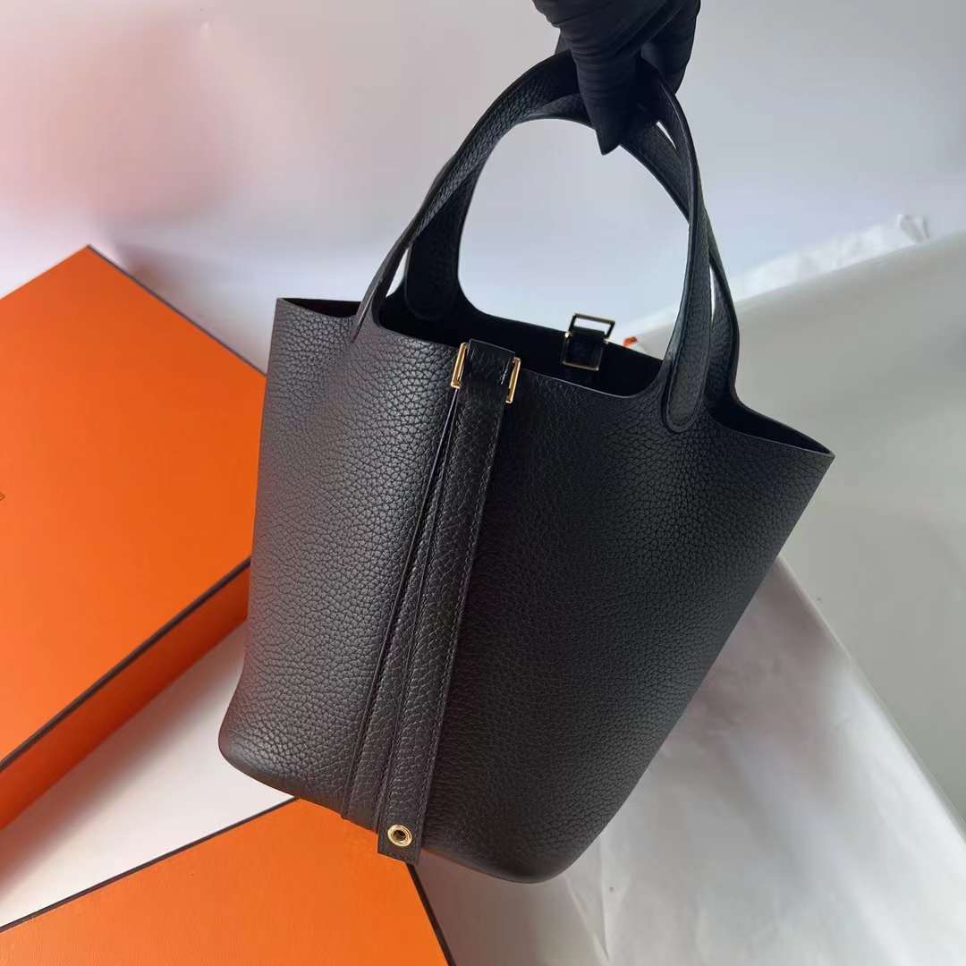 Hermès（爱马仕）Picotin 菜篮子 Clemence 进口大牛皮 Ck89 黑色 金扣 18cm 全手工蜡线缝制 Ghw