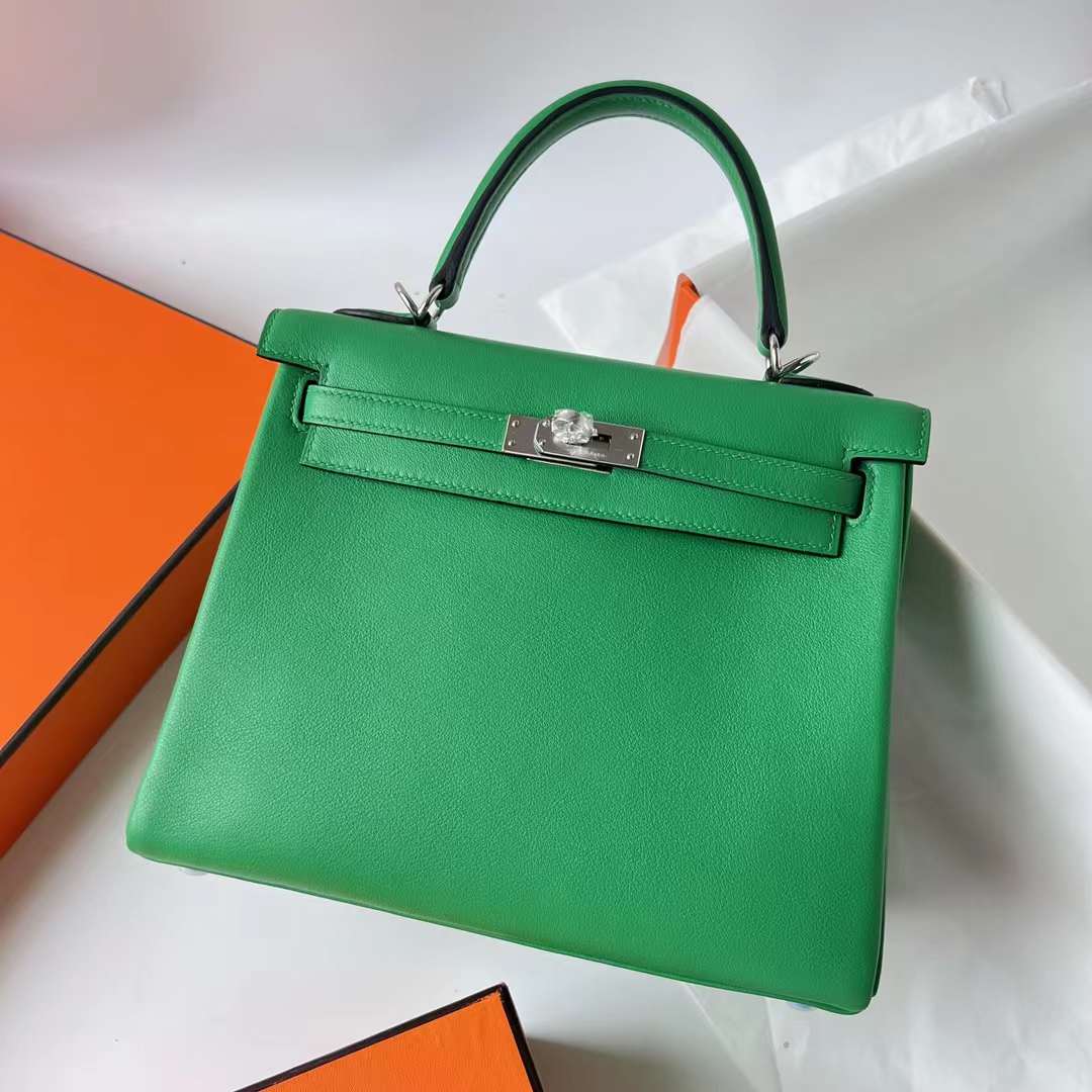 Hermès（爱马仕）Kelly 凯莉包 Swift 1K 竹子绿 bambou 银扣 25cm 全手工蜡线缝 Phw