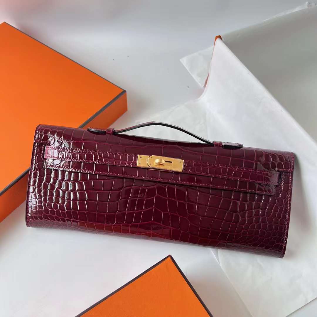 Hermès（爱马仕）Kelly cut 亮面倒v澳洲湾鳄 shiny porosus crocodile F5 勃艮第酒红 Bourgogne 金扣 31cm 全手工蜡线缝 Ghw
