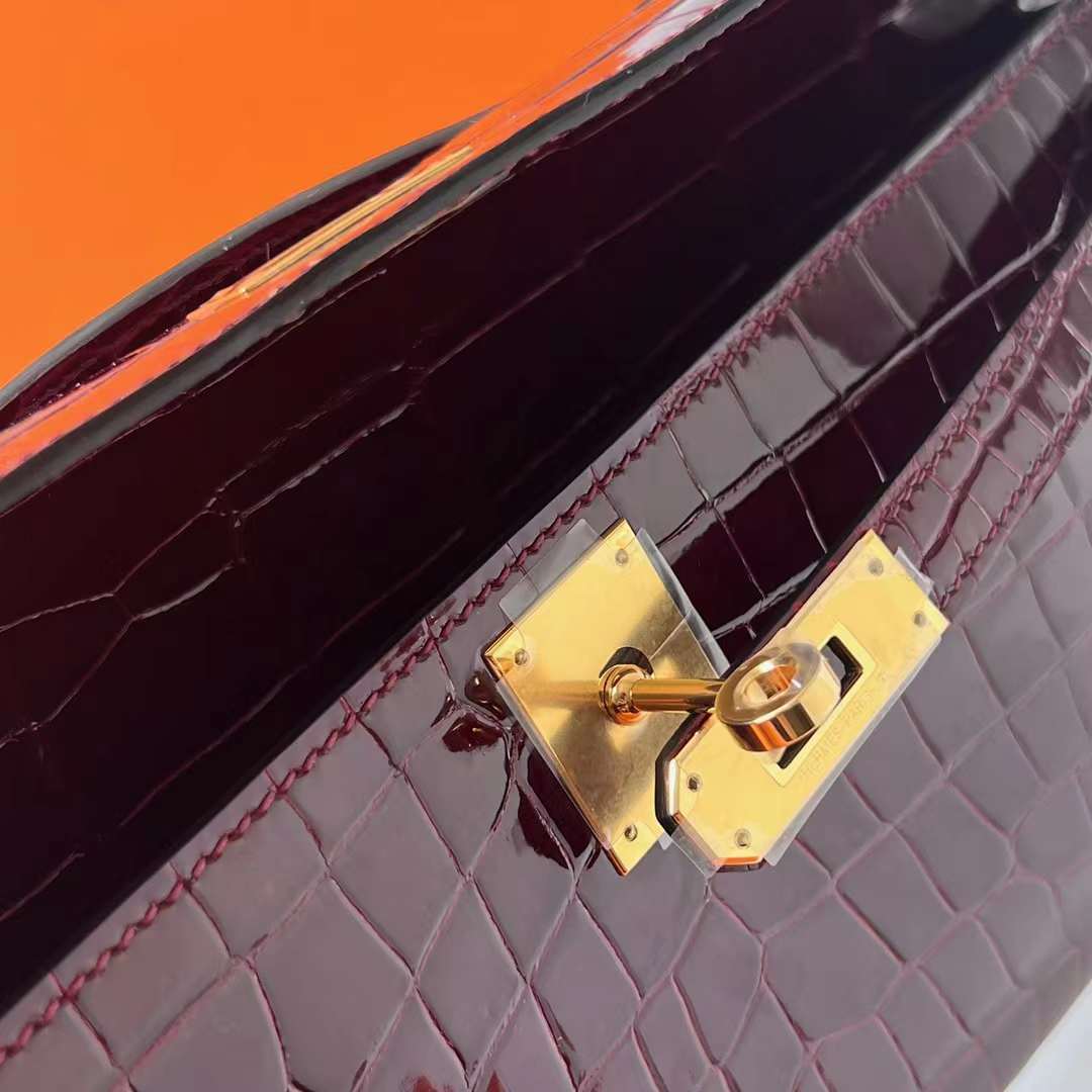 Hermès（爱马仕）Kelly cut 亮面倒v澳洲湾鳄 shiny porosus crocodile F5 勃艮第酒红 Bourgogne 金扣 31cm 全手工蜡线缝 Ghw