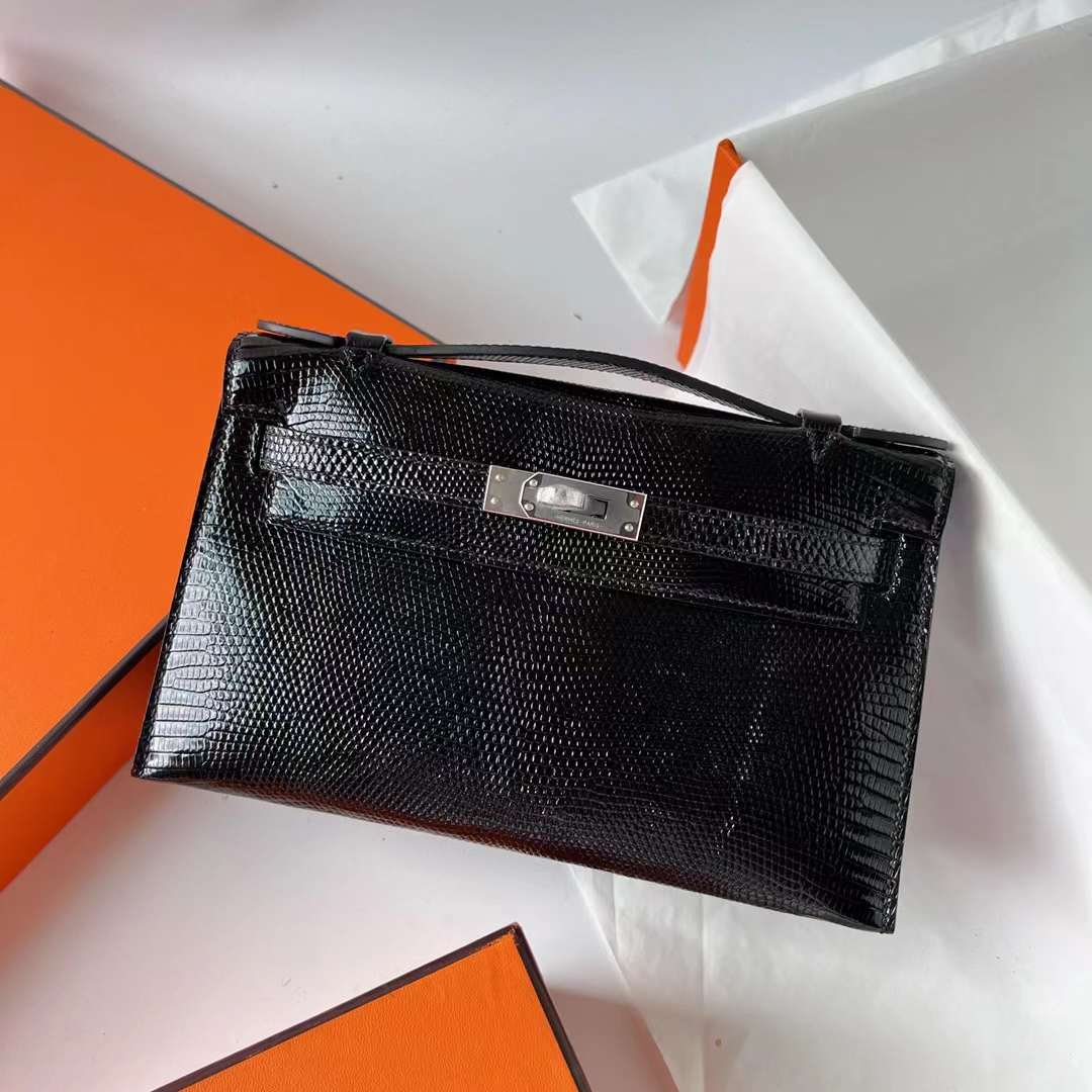 Hermès（爱马仕）Mini Kelly Pochette Lizard 进口蜥蜴皮 Ck89 黑色 Noir 银扣 22cm 全手工蜡线缝 Phw