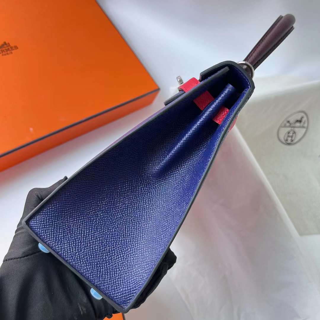Hermès（爱马仕）Kelly 凯莉包 Epsom Ck73 宝石蓝 拼 0G 马鞍红 拼 Q5 国旗红 银扣 25cm 全手工蜡线缝制 Phw