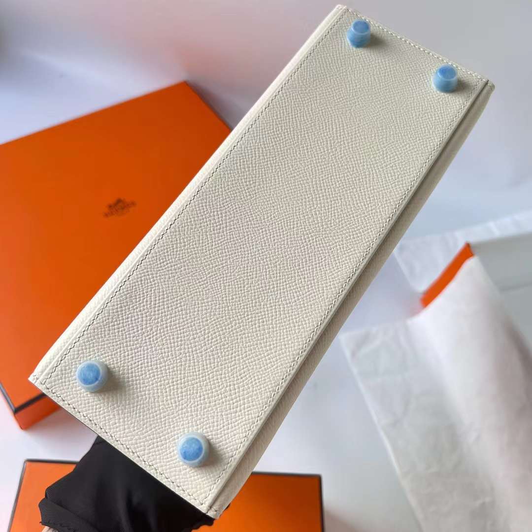 Hermès（爱马仕）Kelly 凯莉包 Epsom i2 奶油白 拼 0M 奶茶色 拼 0L 积雨云灰 银扣 25cm 全手工蜡线缝制 Phw