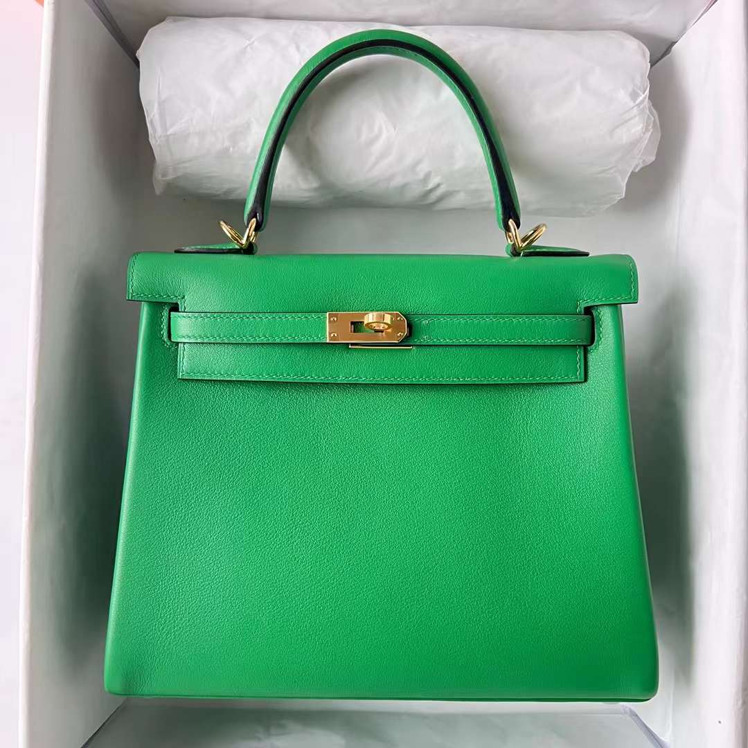 Hermès（爱马仕）Kelly 凯莉包 Swift 进口平纹皮 k1 竹子绿 金扣 25cm 全手工蜡线缝 Ghw