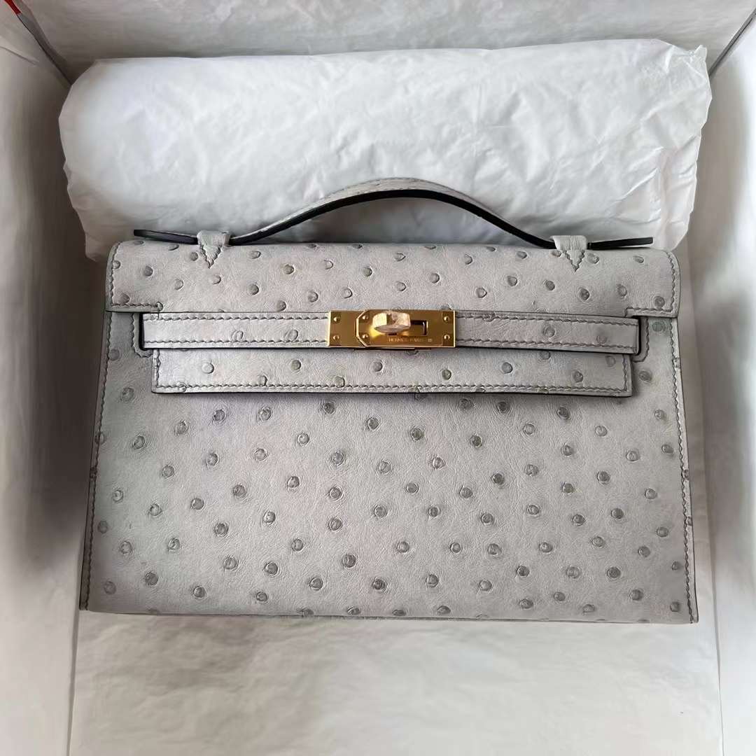 Hermès（爱马仕）Mini Kelly Pochette Ostrich 进口鸵鸟皮 8U 冰川灰 金扣 22cm 全手工蜡线缝 Ghw