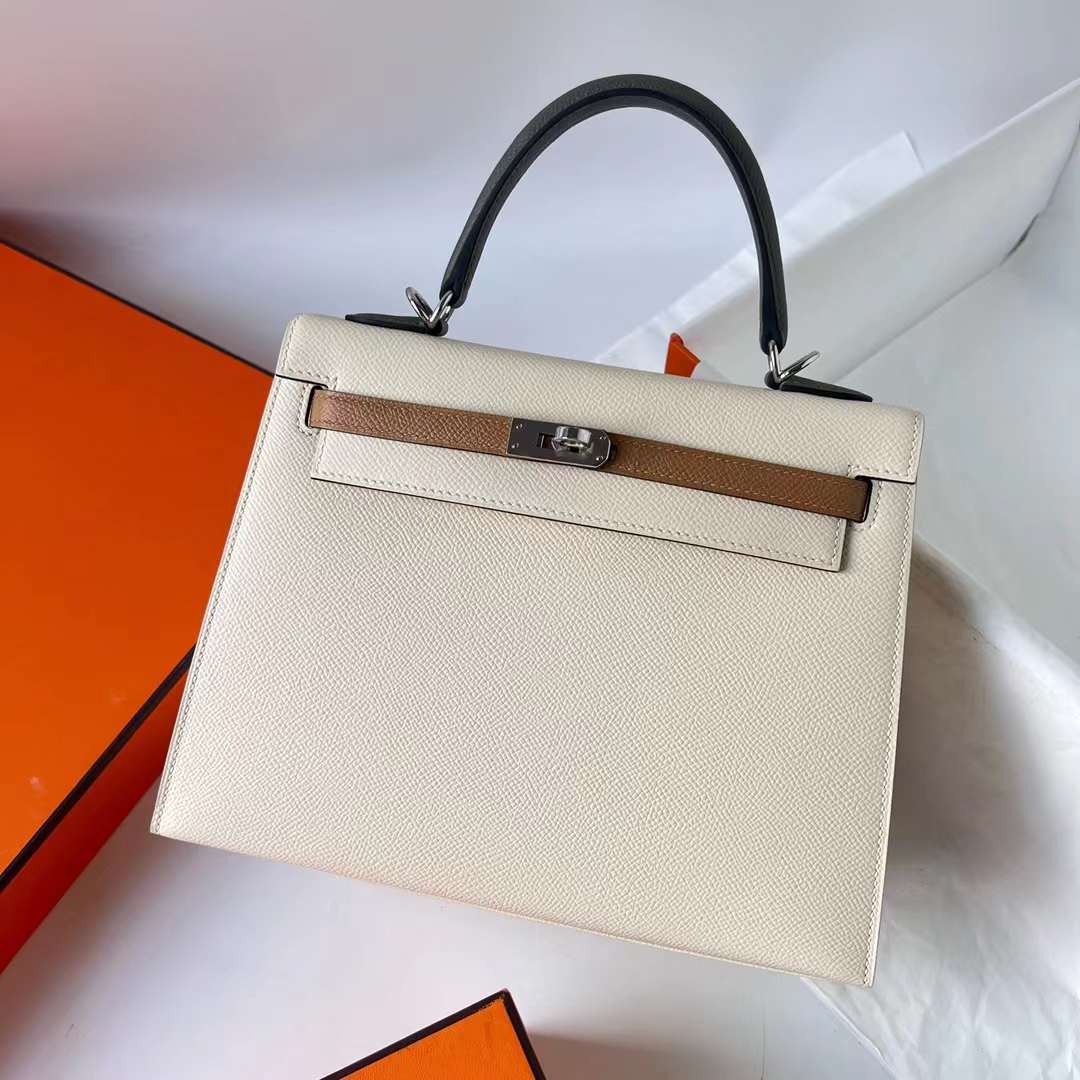 Hermès（爱马仕）Kelly 凯莉包 Epsom i2 奶油白 拼 0M 奶茶色 拼 0L 积雨云灰 银扣 25cm 全手工蜡线缝制 Phw