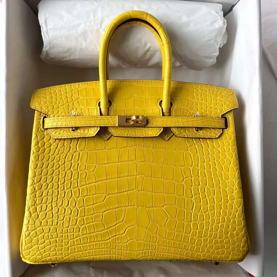 Hermès（爱马仕）Birkin 铂金包 雾面美洲鳄鱼皮 matte alligator crocodile M9 金盏花黄 金扣 25cm 全手工蜡线缝 Ghw