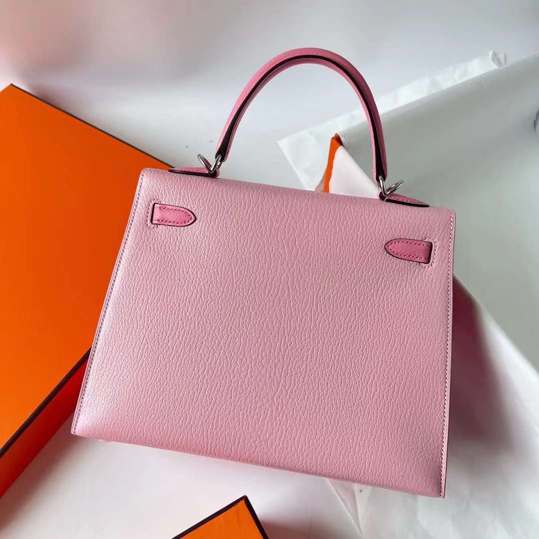 Hermès（爱马仕）Kelly 凯莉包 Chevre 进口山羊皮 3Q 新粉色 拼 1Q 奶昔粉 银扣 25cm 全手工蜡线缝 Phw