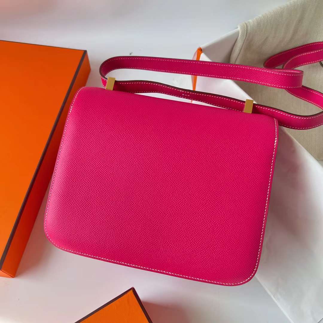 Hermès（爱马仕）Constance 空姐包 Epsom E5 桃红色 Rose Tyrien 金扣 24cm Ghw 全手工蜡线缝