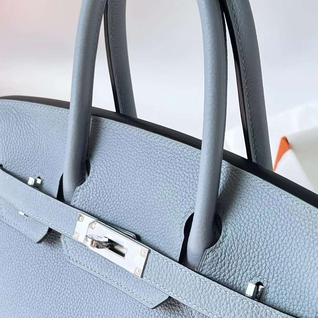 Hermès（爱马仕）Birkin 铂金包 Togo J7 亚麻蓝 内拼 D0 威马犬米色 银扣 30cm 全手工蜡线缝 Phw