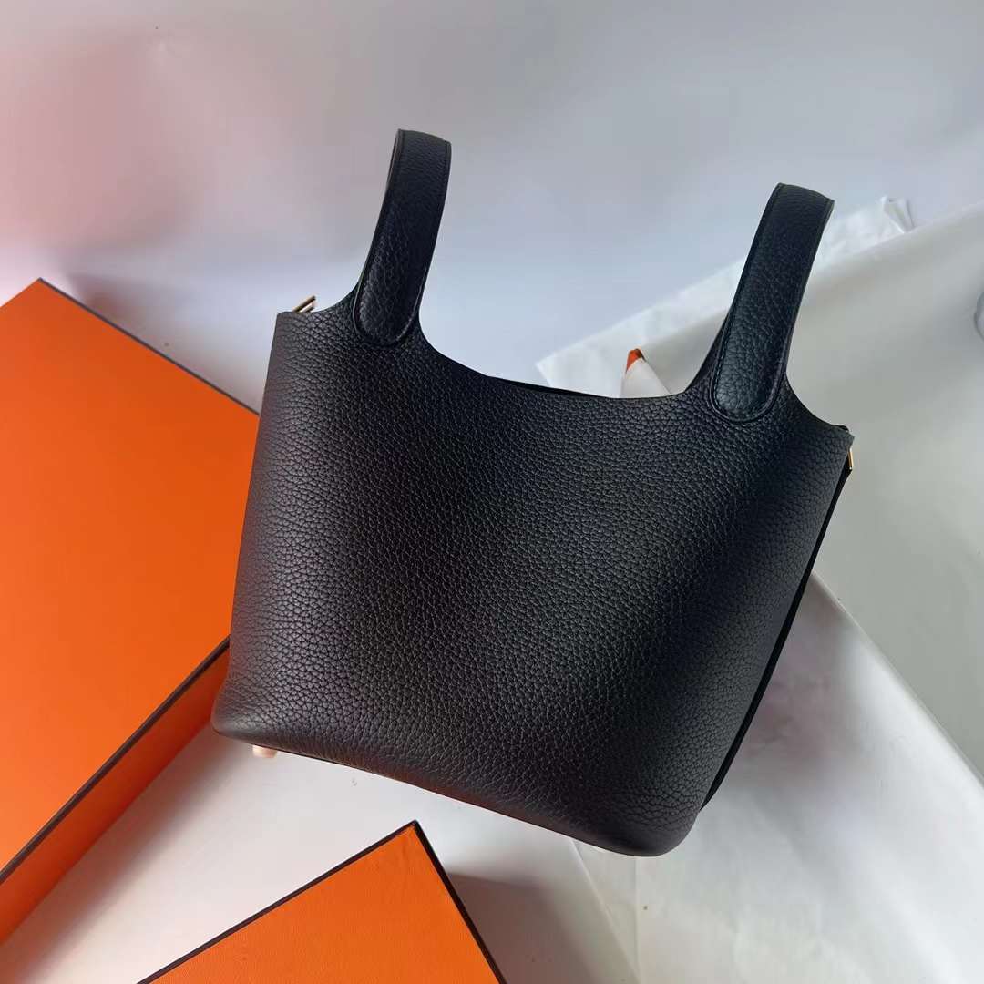 Hermès（爱马仕）Picotin 菜篮子 Clemence 进口大牛皮 Ck89 黑色 金扣 18cm 全手工蜡线缝制 Ghw