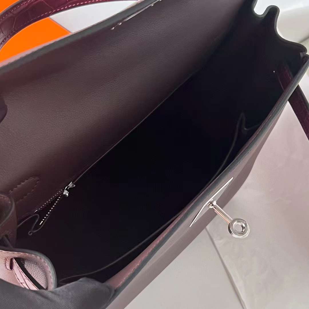 Hermès（爱马仕）Kelly 凯莉包 Swift 拼 雾面鳄鱼皮 0G 马鞍红 银扣 28cm 全手工蜡线缝 Phw