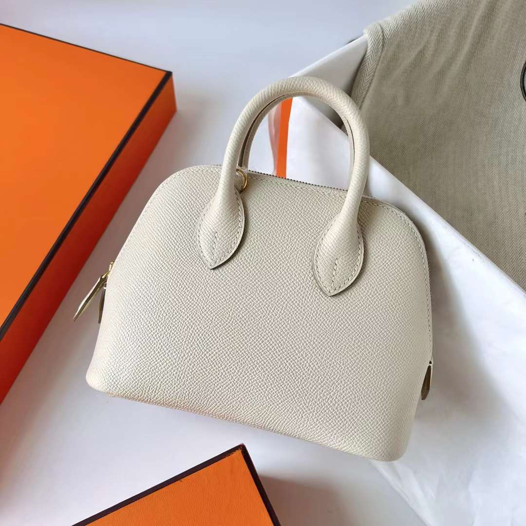 Hermès（爱马仕）Mini Bolide 迷你保龄球包 Epsom Ck10 奶昔白 金扣 19cm 全手工蜡线缝制 Ghw