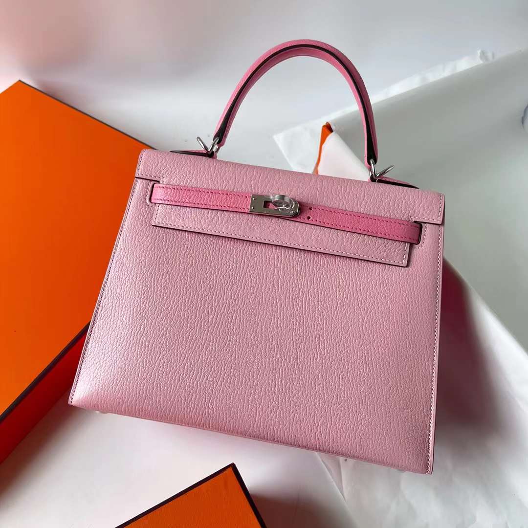 Hermès（爱马仕）Kelly 凯莉包 Chevre 进口山羊皮 3Q 新粉色 拼 1Q 奶昔粉 银扣 25cm 全手工蜡线缝 Phw