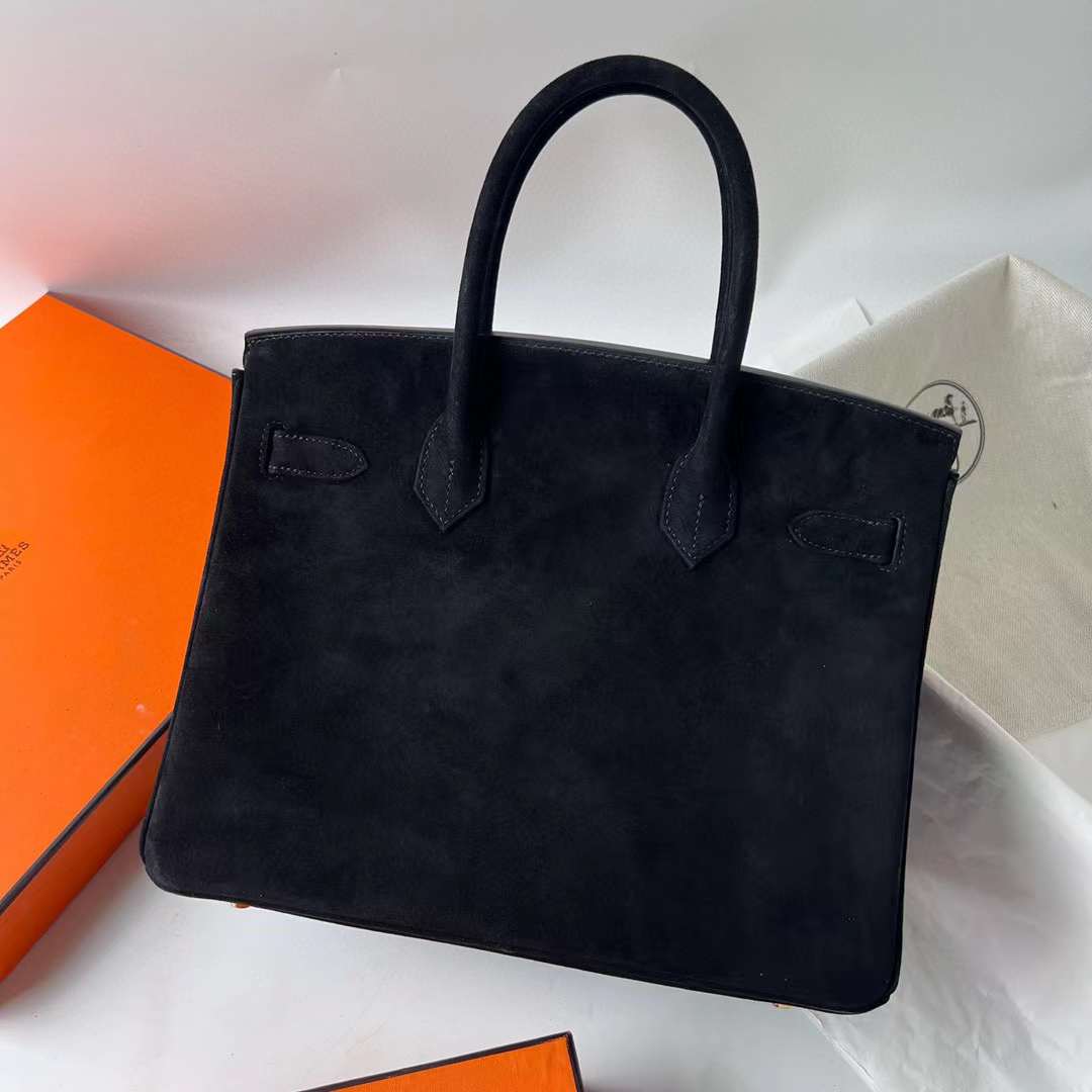 Hermès（爱马仕）Birkin 铂金包 Suede 进口麂皮 Ck89 黑色 金扣 30cm 全手工蜡线缝 Ghw