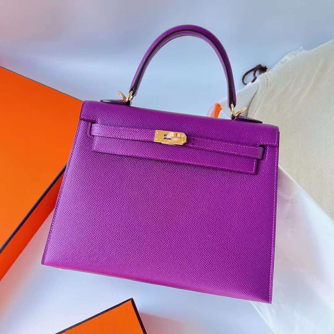 Hermès（爱马仕）Kelly 凯莉包 Epsom 进口手掌纹 P9 海葵紫 Anemone 银扣 25cm 全手工蜡线缝 Phw
