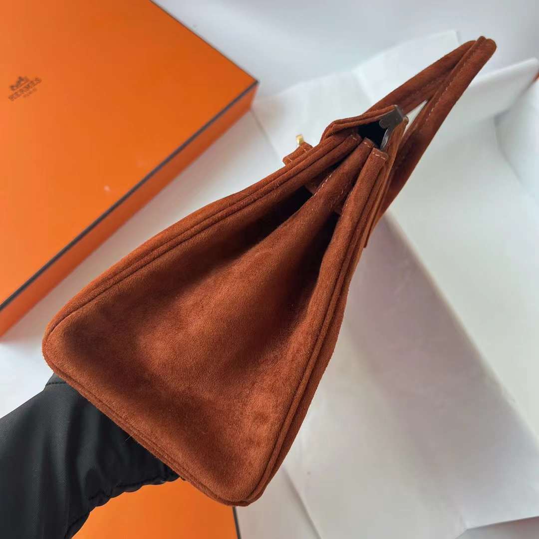 Hermès（爱马仕）Birkin 铂金包 Suede 进口羊皮反绒 麂皮 泰迪色 金扣 25cm 全手工蜡线缝 Ghw