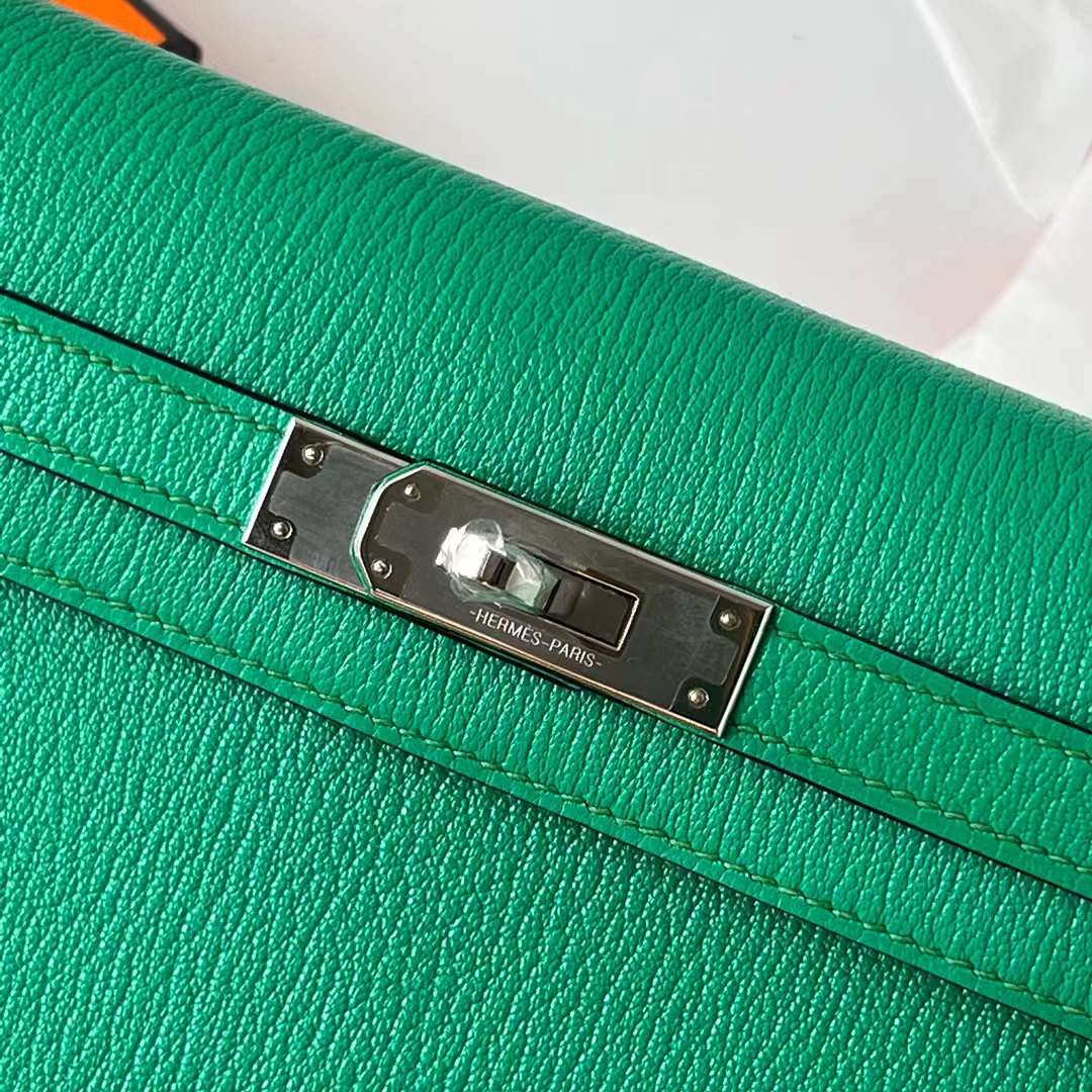 Hermès（爱马仕）Kelly Elan Chevre 进口山羊皮 6W 薄荷绿 银扣 27cm 全手工蜡线缝 Phw