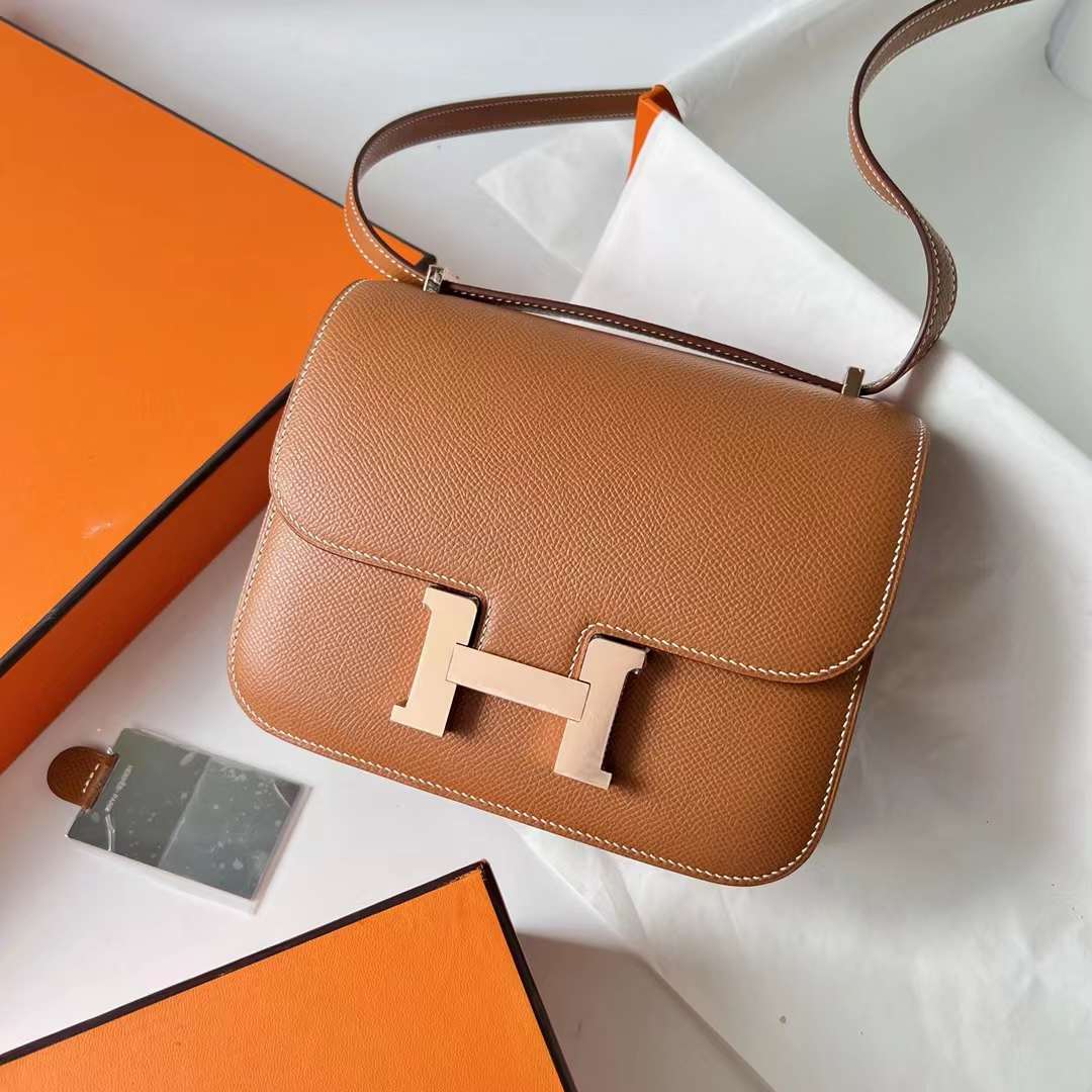 Hermès（爱马仕）Constance 空姐包 Epsom 镜子款 Ck37 金棕色 玫瑰金扣 1-19cm 全手工蜡线缝 Rghw