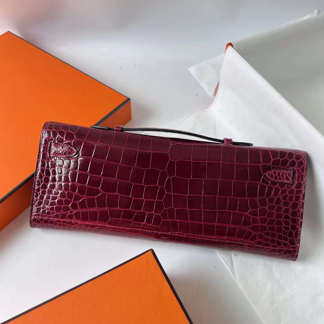 Hermès（爱马仕）Kelly cut 亮面倒v澳洲湾鳄 shiny porosus crocodile F5 勃艮第酒红 Bourgogne 银扣 31cm 全手工蜡线缝 Phw