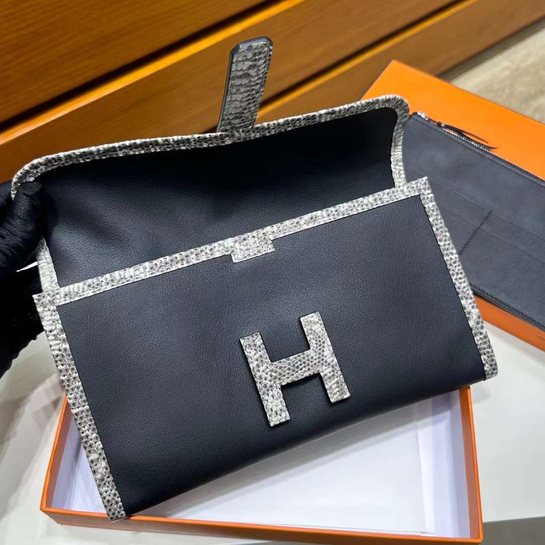 Hermès（爱马仕）Jige 钱包 Swift 拼 亮面蜥蜴皮 黑色 拼 自然色 22cm 全手工蜡线缝