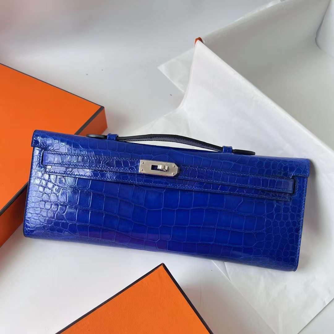 Hermès（爱马仕）Kelly cut 亮面倒v澳洲湾鳄 shiny porosus crocodile 7T 电光蓝 银扣 31cm 全手工蜡线缝 Phw