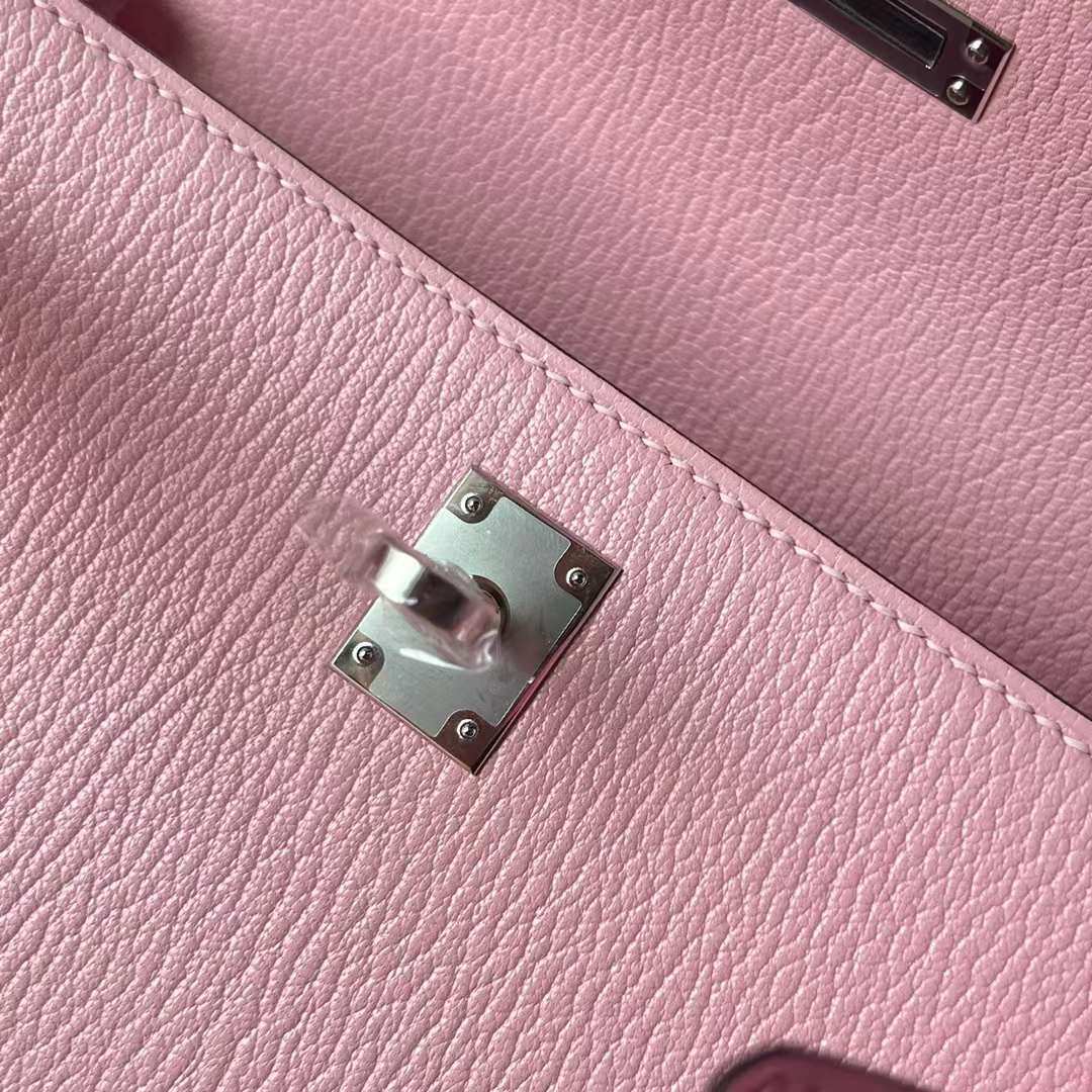 Hermès（爱马仕）Kelly 凯莉包 Chevre 进口山羊皮 3Q 新粉色 拼 1Q 奶昔粉 银扣 25cm 全手工蜡线缝 Phw