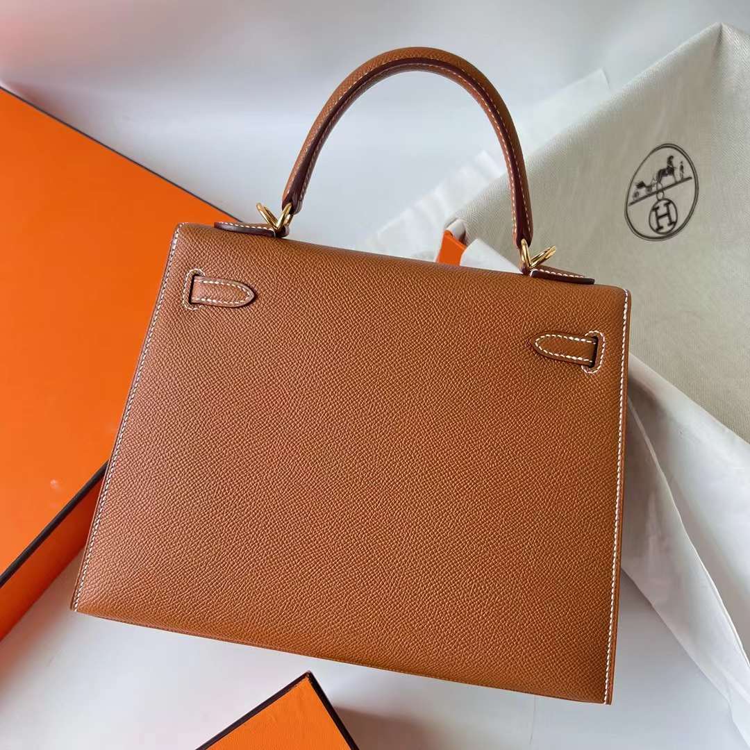 Hermès（爱马仕）Kelly 凯莉包 Epsom Ck37 金棕色 金扣 25cm 全手工蜡线缝制 Ghw