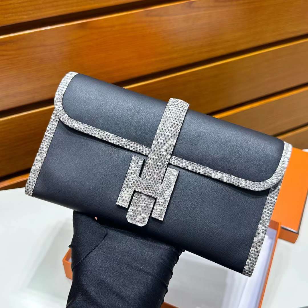 Hermès（爱马仕）Jige 钱包 Swift 拼 亮面蜥蜴皮 黑色 拼 自然色 22cm 全手工蜡线缝