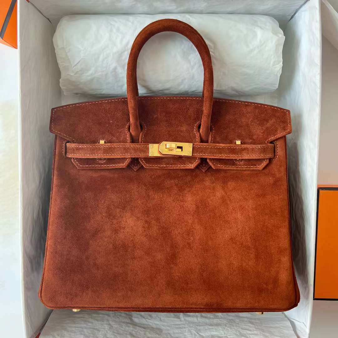 Hermès（爱马仕）Birkin 铂金包 Suede 进口羊皮反绒 麂皮 泰迪色 金扣 25cm 全手工蜡线缝 Ghw