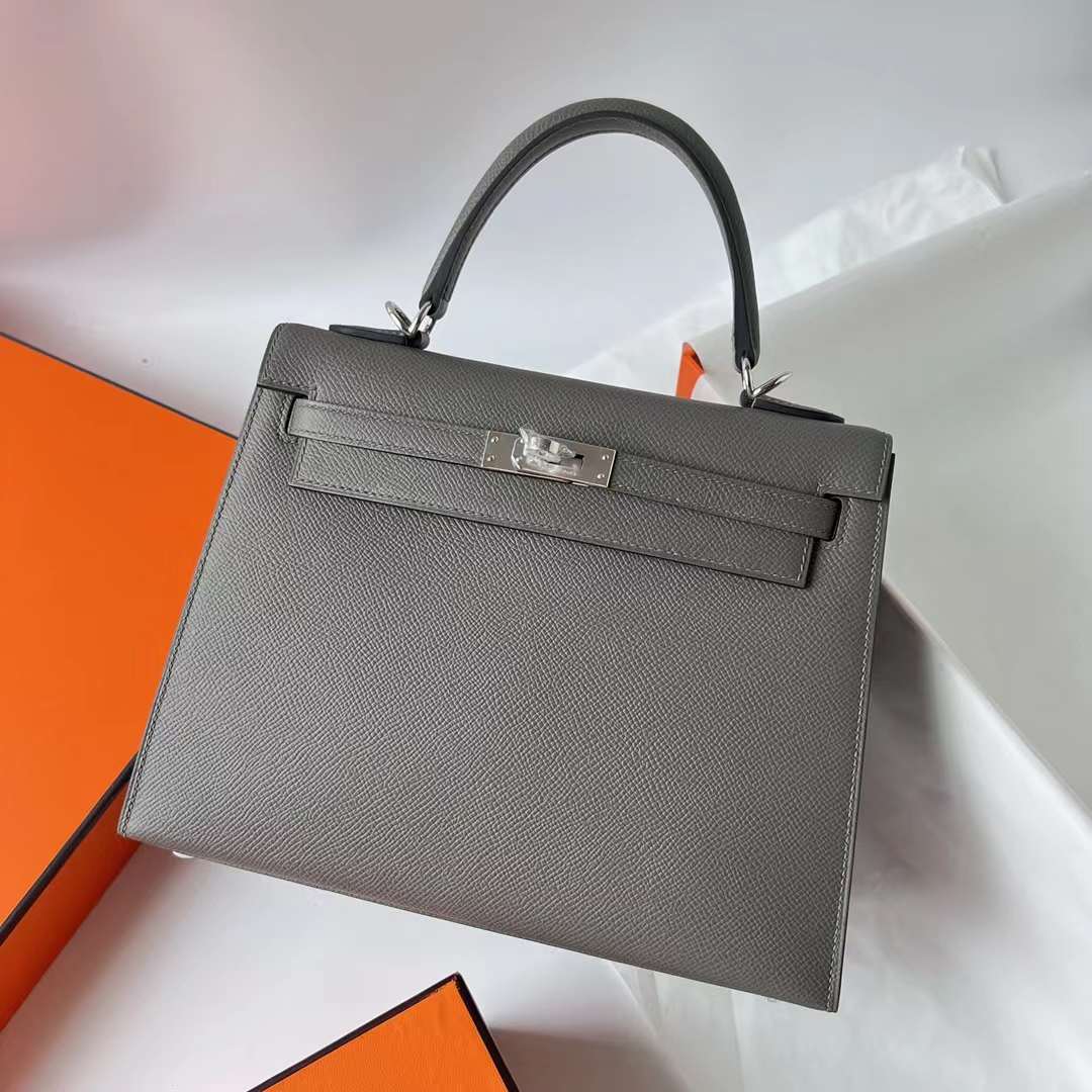 Hermès（爱马仕）Kelly 凯莉包 Epsom 0L 积雨云灰 Gris Meyer 银扣 25cm 全手工蜡线缝 Phw