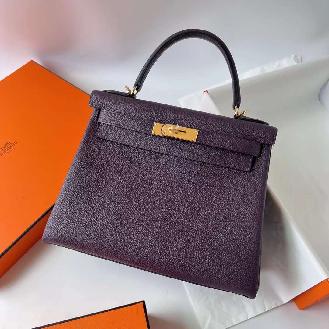 Hermès（爱马仕）Kelly 凯莉包 Togo皮 进口小牛皮 Ck59 葡萄紫 金扣 28cm 全手工蜡线缝 Ghw