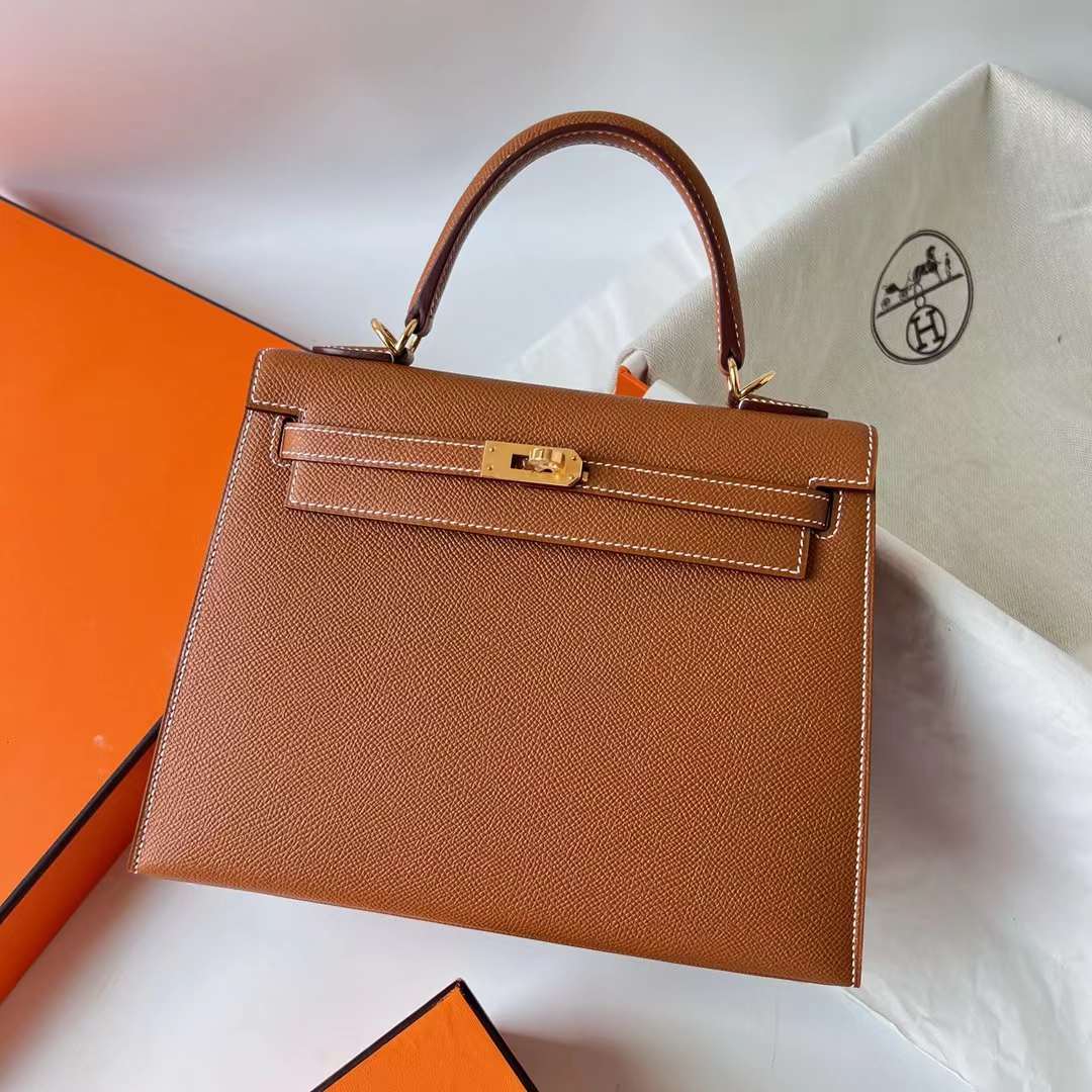 Hermès（爱马仕）Kelly 凯莉包 Epsom Ck37 金棕色 金扣 25cm 全手工蜡线缝制 Ghw