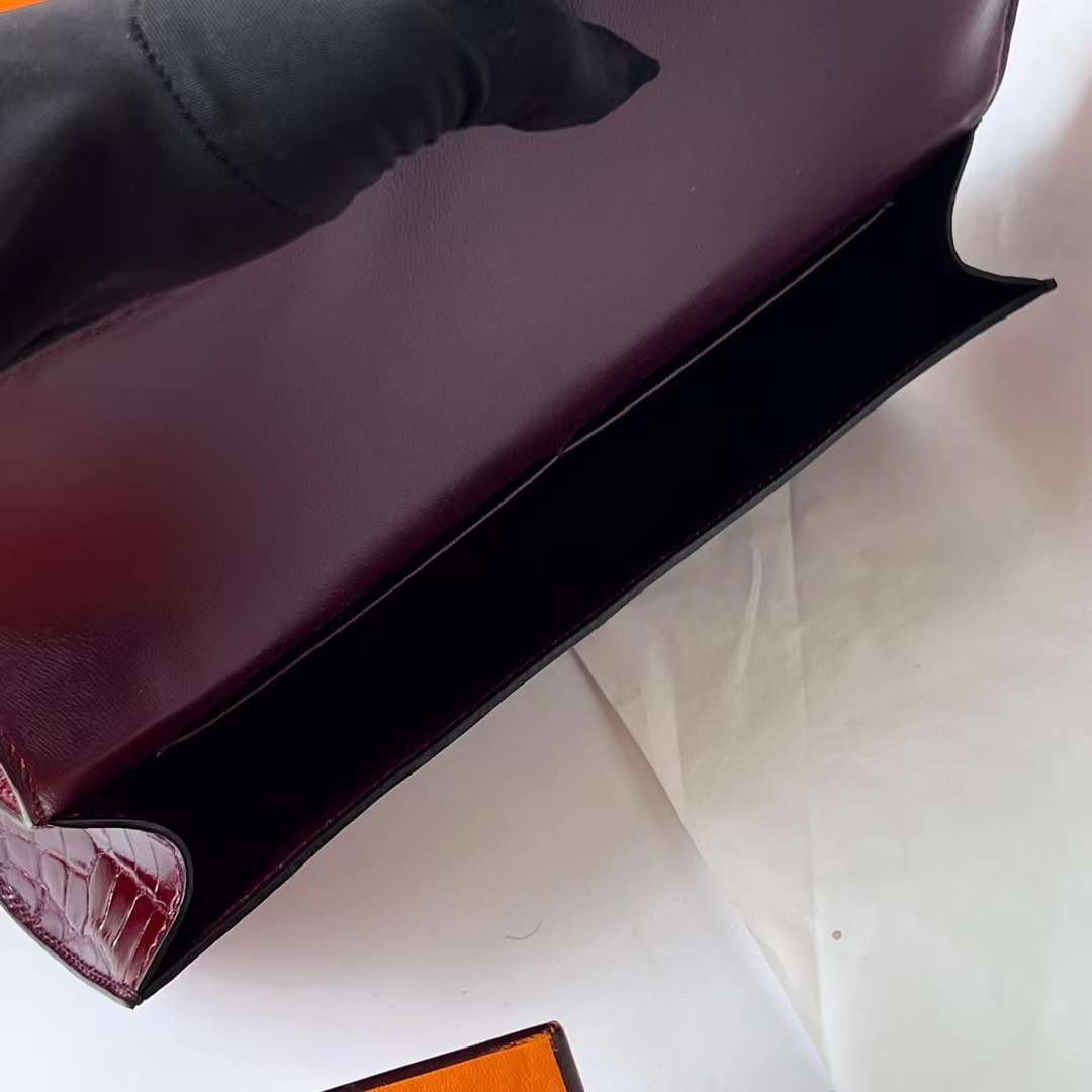 Hermès（爱马仕）猪鼻子手包 亮面尼罗鳄鱼皮 Ck57 波尔多酒红 Bordeaux 银扣 25cm 全手工蜡线缝 Phw