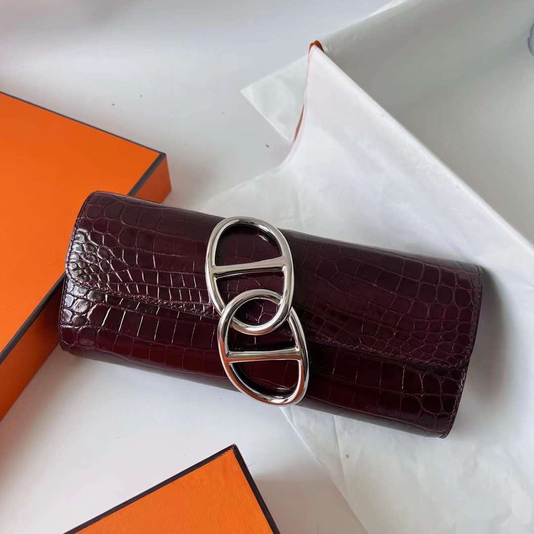 Hermès（爱马仕）猪鼻子手包 亮面尼罗鳄鱼皮 Ck57 波尔多酒红 Bordeaux 银扣 25cm 全手工蜡线缝 Phw