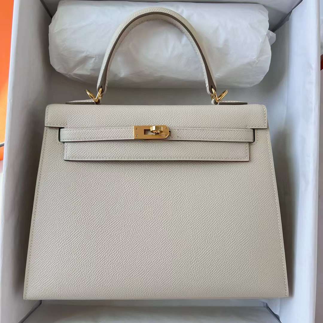 Hermès（爱马仕）Kelly 凯莉包 Epsom Ck10 奶昔白 Craie 金扣 25cm 全手工蜡线缝 Ghw