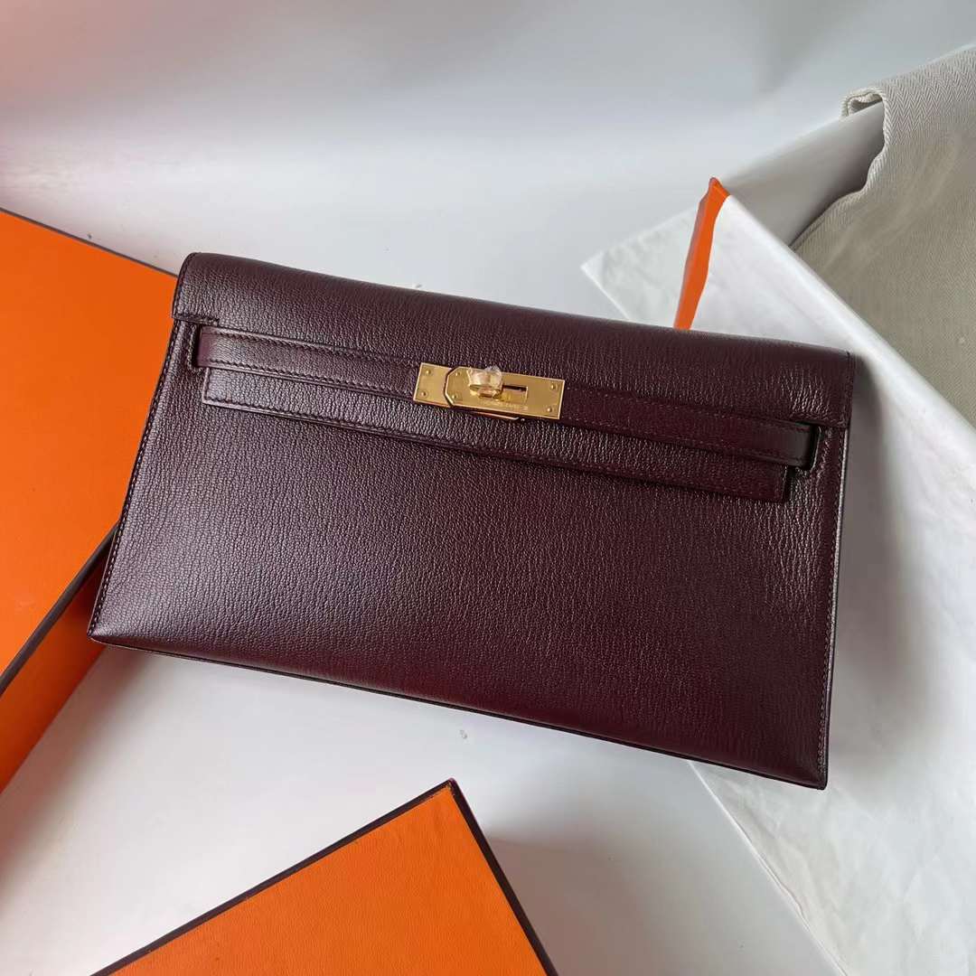 Hermès（爱马仕）Kelly Elan Chevre 进口山羊皮 0G 马鞍红 金扣 27cm 全手工蜡线缝 Ghw