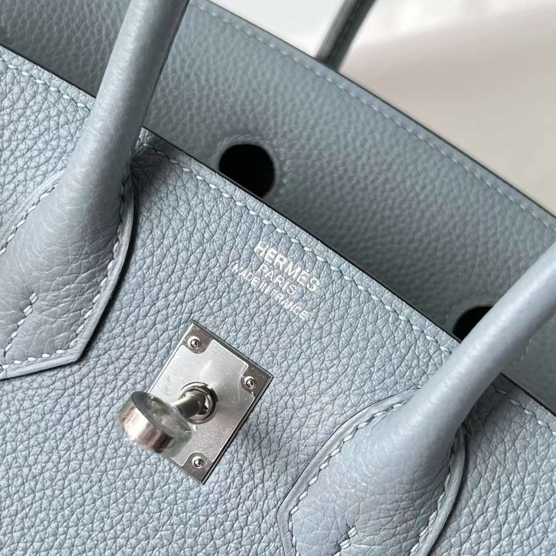 Hermès（爱马仕）Birkin 铂金包 Togo J7 亚麻蓝 内拼 D0 威马犬米色 银扣 25cm 全手工蜡线缝 Phw