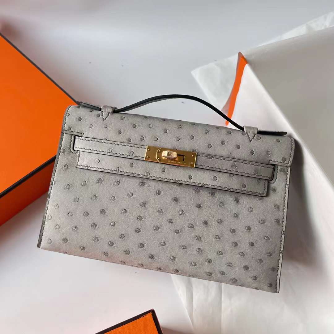 Hermès（爱马仕）Mini Kelly Pochette Ostrich 进口鸵鸟皮 8U 冰川灰 金扣 22cm 全手工蜡线缝 Ghw