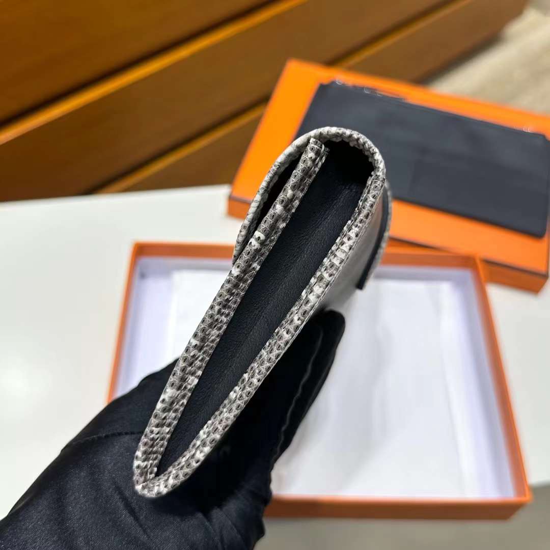 Hermès（爱马仕）Jige 钱包 Swift 拼 亮面蜥蜴皮 黑色 拼 自然色 22cm 全手工蜡线缝
