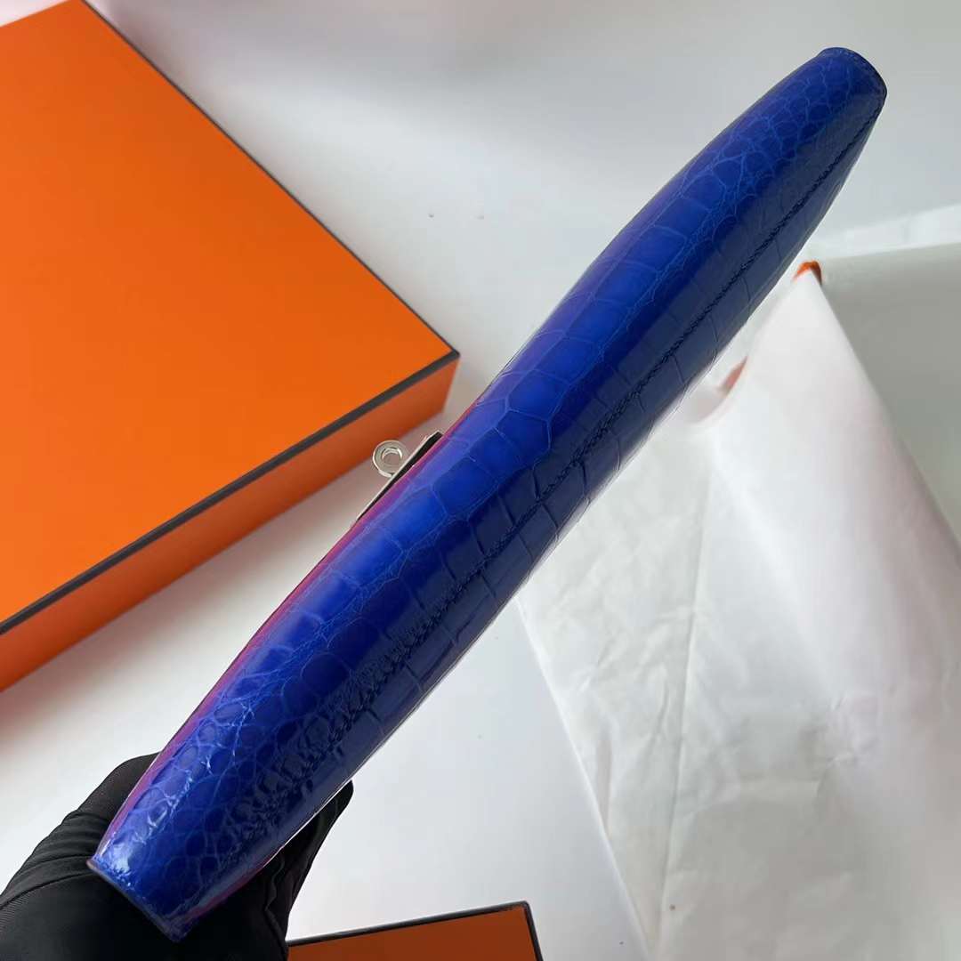 Hermès（爱马仕）Kelly cut 亮面倒v澳洲湾鳄 shiny porosus crocodile 7T 电光蓝 银扣 31cm 全手工蜡线缝 Phw