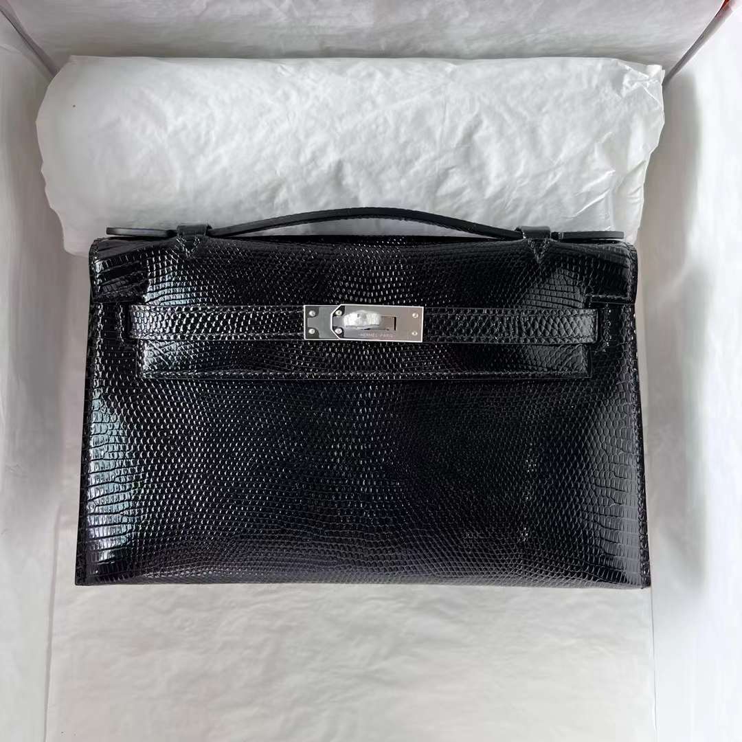 Hermès（爱马仕）Mini Kelly Pochette Lizard 进口蜥蜴皮 Ck89 黑色 Noir 银扣 22cm 全手工蜡线缝 Phw