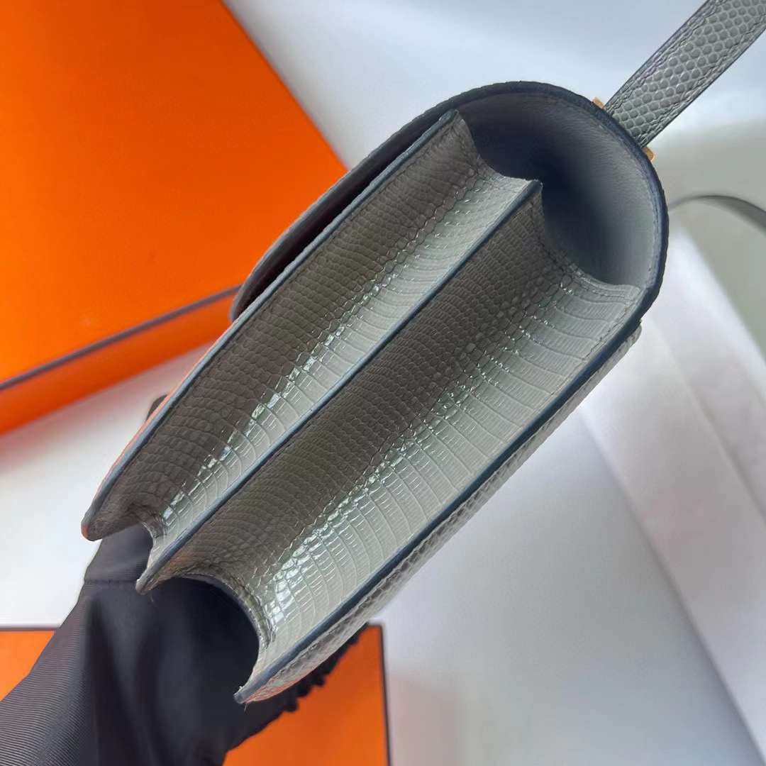 Hermès（爱马仕）Constance 空姐包 Lizard 进口蜥蜴皮 Ck81 斑鸠灰 金扣 19cm 全手工蜡线缝 Ghw