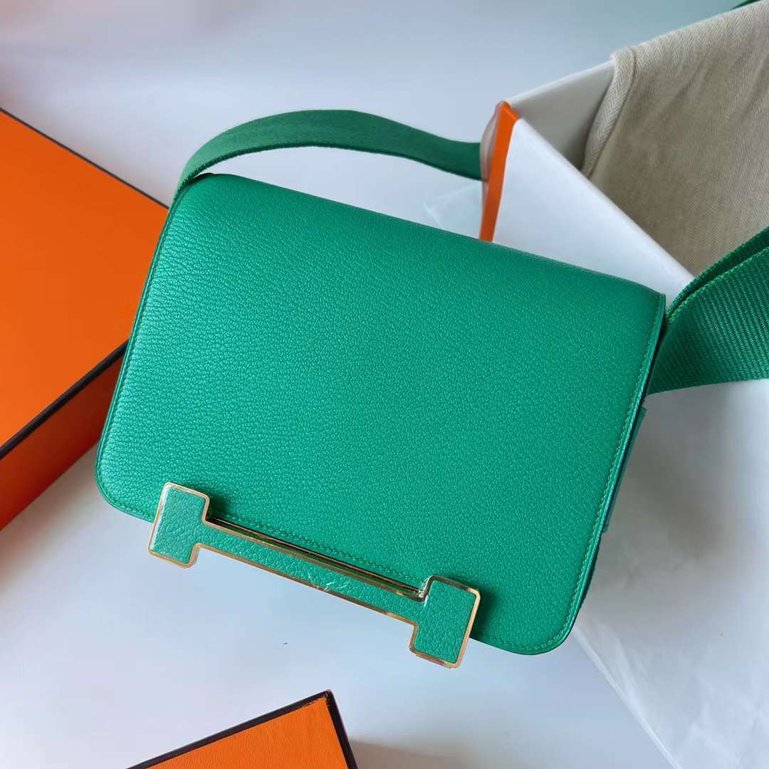 Hermès（爱马仕）Geta 木屐包 Chevre 进口山羊皮 6W 薄荷绿 金扣 20cm 全手工蜡线缝制 Ghw