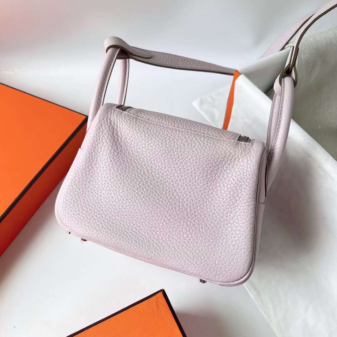 Hermès（爱马仕）Mini Lindy 迷你琳迪 Clemence 进口大牛皮 09 梦幻粉紫 内拼 i2 奶油白 银扣 19cm 全手工蜡线缝 Phw