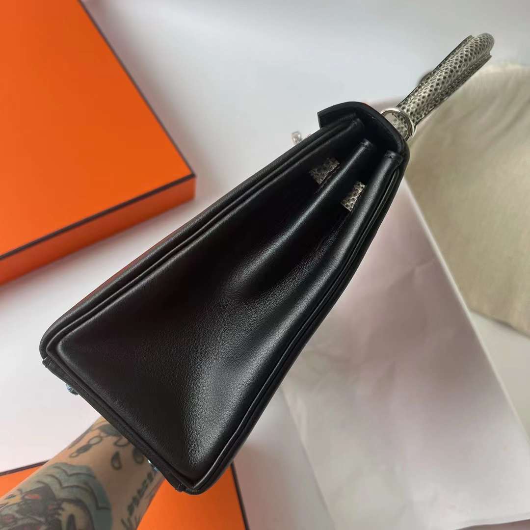 Hermès（爱马仕）Kelly 凯莉包 Touch Swift皮 拼 亮面蜥蜴皮 Ck89 黑色 拼 自然色 银扣 25cm 全手工蜡线缝 Phw
