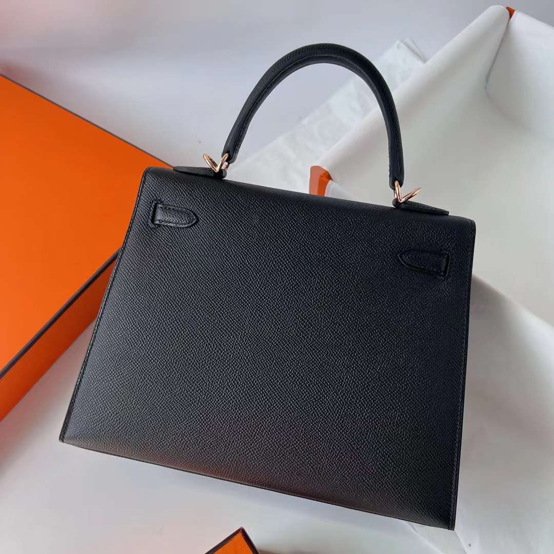 Hermès（爱马仕）Kelly 凯莉包 Epsom 进口掌纹皮 Ck89 黑色 玫瑰金扣 25cm 全手工蜡线缝 RGhw